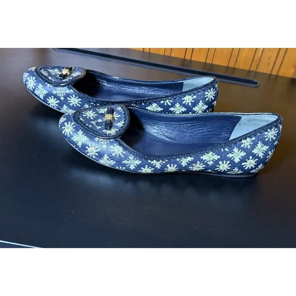 Tory Burch Reva Floral Print Ballet Flats Daisy Leather Women's Size 7 Logo